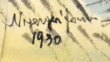 Nyergesi János (1895-1982): Horgászok a Dunaparton, 1930. Tus, akvarell, papír, jelzett, sérült. 22x...