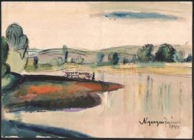 Nyergesi János (1895-1982): Dunapart, 1940. Tus, akvarell, papír, jelzett. 21,5x30 cm