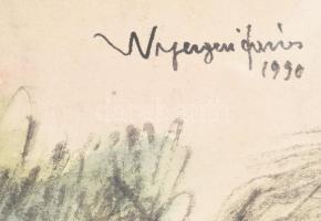 Nyergesi János (1895-1982): Dunaparton legelésző kecske. Tus, akvarell, papír, jelzett. 31x22 cm