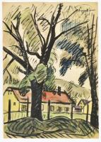 Nyergesi János (1895-1982): Utcarészlet, 1968. Tus, akvarell, papír, jelzett. Apró lapszéli sérülésekkel. 43x30 cm