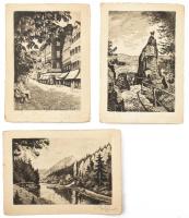 Olvashatatlan jelzéssel: Karlsbad (Karlovy Vary) és környékének látványosságait ábrázoló 3 db rézkarc, képeslap formátumban, változó állapotban, 12x8 cm