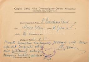 1946 Bp., Csepeli Weiss Alice Gyermekágyas-Otthon Közkórház igazolása terhes nő részére