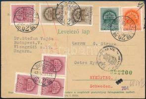 1942 Levelezőlap 8 db bélyeggel Budapestről Svédországba / Postcard to Sweden