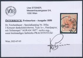 1850 3kr type HP Ia, dark cinnabar "AGRAM" Certificate: Steiner 1850 3kr HP Ia tipus sötét...