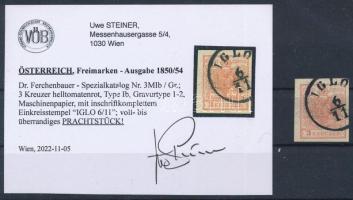 1850 3kr MP Ib világos paradicsom piros, gravúr tipus 1-2 "IGLÓ" Certificate: Steiner, 1850 3kr MP Ib light tomato red, gravourtype: 1-2 "IGLÓ" Certificate: Steiner