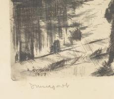 Kórusz József (1927-2010): Dunapart. Rézkarc, papír, jelzett, a lap széle kissé foltos. Kissé sérült...