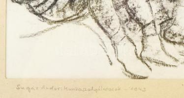 Jelzés nélkül: Pihenők (munkaszolgálatosok?). Szén, papír, paszpartun és hátoldalán Sugár Andor feli...