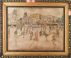 Pécsi Pilch Dezső (1888-1949): Korcsolyázók a Városligetben. Vegyes technika, karton, jelezve jobbra lent. Dekoratív, sérült fakeretben. 60×80 cm. / mixed technique on paper, signed, framed