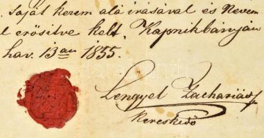 1855 Kapnikbánya, Lengyel Zakariás vegyeskereskedésének munkáltatói igazolása gyakornok részére, 6 k...