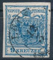 1850 9kr sötétkék HP IIIa, látványos ívszéli bélyeg "LŐCS(E)" Certificate: Steiner, 1850 9kr dark blue HP IIIa, margin piece "LŐCS(E)" Certificate: Steiner