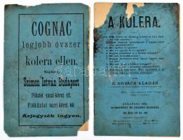 cca 1892 2 db kolera elleni tájékoztató: E. Kovách Aladár: A kolera. Bp., 1892, Dobrowsky és Franke, 16 p. Kiadói tűzött papírkötés, sérült, a hátsó borító levált. + Általános szabályok és óvintézkedések, melyeket kolerás időben nem szabad szem elől téveszteni. Táblázatos összeállítás. Kisebb szakadással, kihajtva: 34x33,5 cm