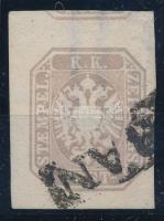 1863 Newspaper stamp greyish lilac with large margins and R in the watermark "(G)RAN" Certificate: Strakosch, 1863 Hírlapbélyeg szürkéslila, R vízjellel, nagy ívszélekkel, a felső bélyeg alsó részével "(G)RAN" Certificate: Strakosch