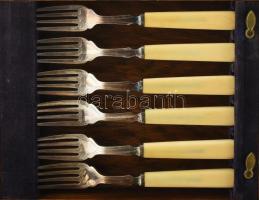 Csont és alpakka süteményes evőeszköz készlet. Jelzett, 2x6 db Teljes készlet díszdobozban