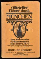 Offizieller Führer durch München des Verbandes Münchener Hoteliers E.V. München, (1912), J. Schön Buchdruckerei und Verlag, 144 p. Fekete-fehér képekkel, hirdetésekkel, egy kihajtható, sérült térképpel. Német nyelven. Kiadói papírkötés, kissé sérült gerinccel, néhány kevés korabeli német ny. feljegyzéssel.