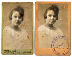 1927-1931 Braun Melinda 2 db fényképes igazolványa (Polgári Gazdasági Szövetkezet tagsági igazolvány, Budai Hővízű Strandfürdő szekrény bérletjegy)