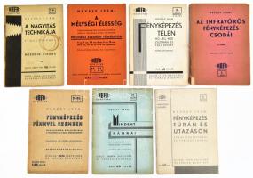 Fényképészet témájú füzetek a HAFA Könytár sorozatból, szerző Hevesy Iván, össz. 7 db: Fényképezés télen, Mindent pánra!, A mélységi élesség, Fényképezés túrán és utazáson, A nagyítás technikája, Fényképezés fénnyel szemben, Az infravörös fényképezés csodái. Bp., é.n. (1935-40 k.)? HAFA. Klf. kiadások. Kiadói papírkötés, részben kissé sérült gerincekkel és borítókkal.