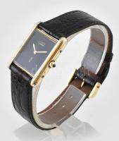 Cartier Tank kvarc karóra, aranyozott ezüst (Ag) tokkal, köves koronával, bőr szíjjal, eredeti hibát...