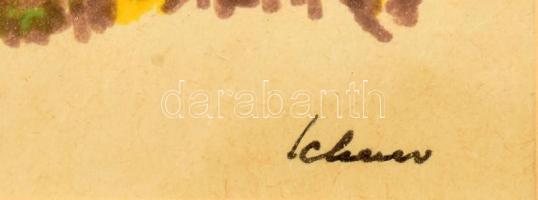 Schéner Mihály (1923-2009): Színes figura (cím nélkül). Filctoll, papír. Jelzett. Üvegezett fakeretb...