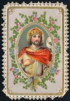 cca 1880 Szent Lászlót ábrázoló csipke litho szentkép 7,5x11 cm
