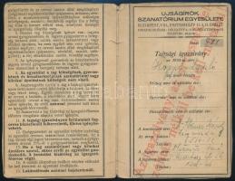 1934 Újságírók Szanatóriumi Egyesülete tagsági igazolvány, 12 db tagsági bélyeggel