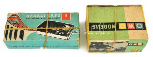 Modell vasút készlet Teljes felszerelés, sínek, trafó, tereptárgyak, 4 kocsi nagyrészt eredeti doboz...