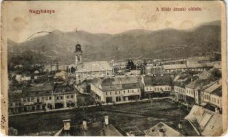 1911 Nagybánya, Baia Mare; Fő tér északi oldala, Vajda Márton üzlete, piac, templom / main square, shops, market, church (b)