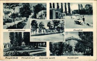 1942 Fonyód, Fonyód-fürdő; Fövenyfürdői park, Fő út a vasútállomással, Sándortelepi nyaralók, Fövenyfürdő, Drechsler-szálló (fl)