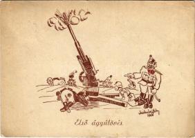 1943 Első ágyúlövés. Katonai humor képeslap / Hungarian military humour art postcard s: Molnár Gábor (EB)