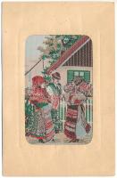 Mezőkövesdi népviselet, magyar folklór. Grainer-féle gobelin képek / Hungarian folklore from Mezőkövesd, textile card (gyűrődések / creases)