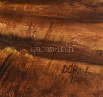 Dér István (1937-1993): Legelésző lovak, 1989. Olaj, farost. Jelezve jobbra lent, hátoldalán autográ...