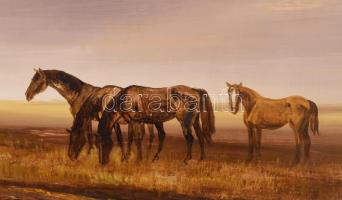 Dér István (1937-1993): Legelésző lovak, 1989. Olaj, farost. Jelezve jobbra lent, hátoldalán autográ...