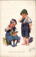 1917 Soll ich oder soll ich nicht? / Children art postcard, coffee grinding. B.K.W.I. 982/5. s: K. Feiertag (worn corners)