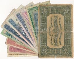 11db-os, gyenge tartású, nagyrészt magyar bankjegy tétel, közte Ausztria 1986. 20Sch T:F-G közte rag...