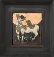 Tóbiás Klára (1945-): Páncél nyeregben. Tűzzománc, fém lemez, jelzett, , fa keretben, 19x21 cm