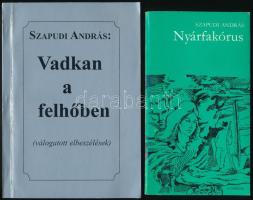 Szapudi András 2 db DEDIKÁLT könyve: Nyárfakórus. Bp., 1978, Kozmosz Könyvek. Első kiadás. Kiadói papírkötés. + Vadkan a felhőben (válogatott elbeszélések). Siófok, 1999, Smaragdpress. Első kiadás. Kiadói papírkötés, a hátsó borító sarkán törésnyommal. Mindkettő a szerző, Szapudi András (1939-2001) által Jávori Béla (1931-2008) újságíró, főszerkesztő, fotóművész részére DEDIKÁLT.