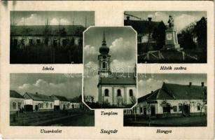 1948 Szegvár, iskola, templom, utca, Hősök szobra, Hangya szövetkezet üzlete (EM)