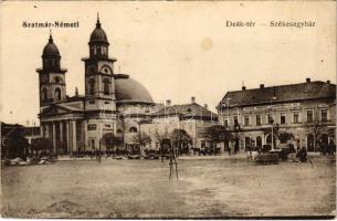 Szatmárnémeti, Szatmár, Satu Mare; Deák tér, Székesegyház, Takarékpénztár, piac. Vasúti levelezőlapárusítás 627. / square, cathedral, savings bank, market (fl)