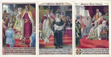 5 db régi képeslap Habsburg uralkodókról: Albert király, III. Károly, Mária Terézia, II. József, I. Ferenc József / 5 pre-1945 postcards: Albert II of Germany, Charles VI., Maria Theresa, Joseph II., Franz Joseph I of Austria. Piusverein s: R. Assmann