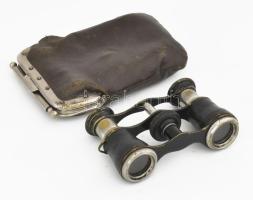 Antik színházi látcső, kopott bőr borítással, bőr tokkal
