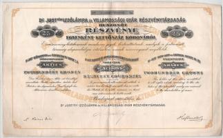 Budapest 1923. "Dr. Just-féle Izzólámpa és Villamossági Gyár Részvénytársaság" 25 részvénye egyben, egyenként 200K-ról, szelvényekkel magyar, francia és német nyelven T:F Hungary / Budapest 1923. "Bulbs and Electric Factory of Dr. Just Ltd." 25 shares in one, each about 200 Korona value with coupons in German, French and Hungarian language C:XF
