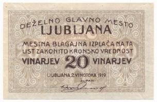 Jugoszlávia / Ljubljana 1919. 20v szükségpénz T:F  Yugoslavia / Ljubljana 1919. 20 Vinarjev necessity note C:F