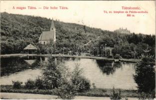 1909 Tátralomnic, Tatranská Lomnica (Magas-Tátra, Vysoké Tatry); Tó, evangélikus templom és Palota szálloda, pavilon. Kiadja Kuszmann Gyula / lake, hotel and church, pavilion (EK)