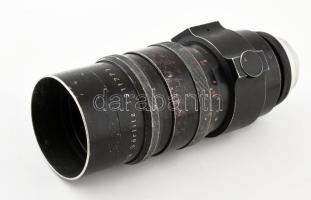 Meyer-Optik Görlitz Telemegor 1:4.5 / 300 (300 mm f/4.5) nagyméretű fényképezőgép objektív, a lencsén minimális kopottsággal, külső kopásnyomokkal, h: 25,5 cm. Bőr tokban.