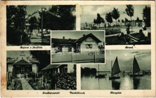 1944 Balatonberény, bejárat a fürdőhöz, strand, Erzsébet penzió, hangulat vitorlásokkal (fl)