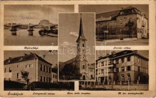 1943 Érsekújvár, Nové Zámky; Nyitra folyó, Leventeotthon, Római katolikus templom, Leánynevelő intézet, M. kir. dohánybeváltó / Nitra riverside, Catholic church, girls' boarding school, tobacco deposit (EK)