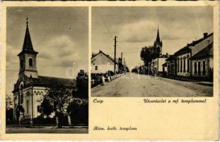 1942 Csap, Cop, Chop; Római katolikus templom, utca, Református templom / Catholic church, street view, Calvinist church (EB)