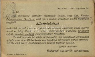 1901 Budapest VIII. Budapesti állattartók szövetkezete állatkórházának reklámja. Kemény Zsigmond utc...