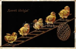 1911 Húsvéti üdvözlet / Easter greeting art postcard with chicken and egg. Emb. litho (EB)