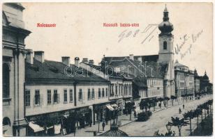 1908 Kolozsvár, Cluj; Kossuth Lajos utca, Fodor Antal, Juhos József, Kun Mátyás üzlete, templom. Fabritius Erik kiadása / street view, shops, church (fl)