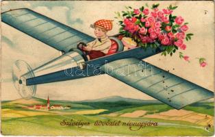 Szívélyes üdvözlet névnapjára / Name Day greeting card with pilot, airplane and flowers (lyukak / pinholes)